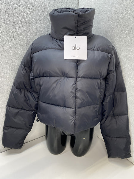ALO Yoga Womens Puffer Jacket Black Size M Gold Rush Full Zip Cropped Nylon