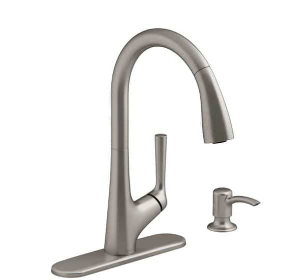 KOHLER Elmbrook Pull-Down Kitchen Faucet w/ Soap Dispenser Vibrant Stainless