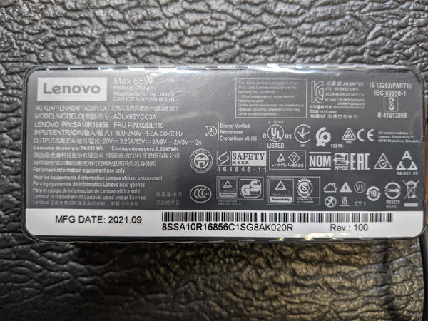 Lenovo OEM 65W USB-C Charger Type-C Adapter ThinkPad X1 Carbon Yoga ADLX65YLC3A