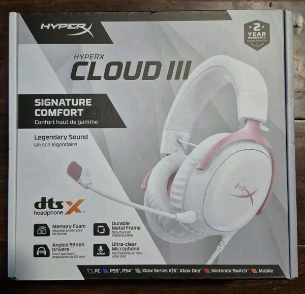 HyperX Cloud III Wired Gaming Headset For PC/PlayStation 4/5/Switch (White-Pink)