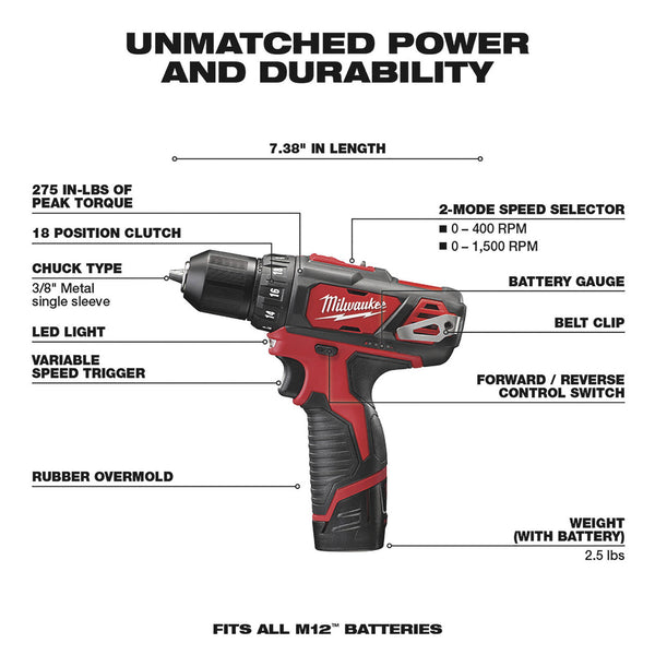 Milwaukee M12 3/8in Drill & 1/4in Hex Impact Driver Combo, #2494-22