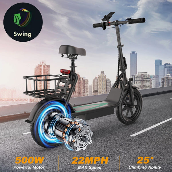 Electric Scooter w/ Seat 500W 48V 10.4Ah 22MPH 21-28Mi 14in Foldable