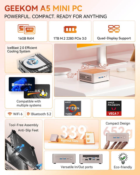 Geekom A5 2025 Edition Mini PC with AMD Ryzen 5 7430U, 16GB RAMu0026 1TB M.2 NVM