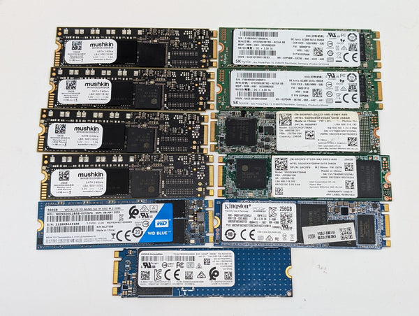 LOT OF 11 Assorted 256GB SATA M.2 2280 SSDs