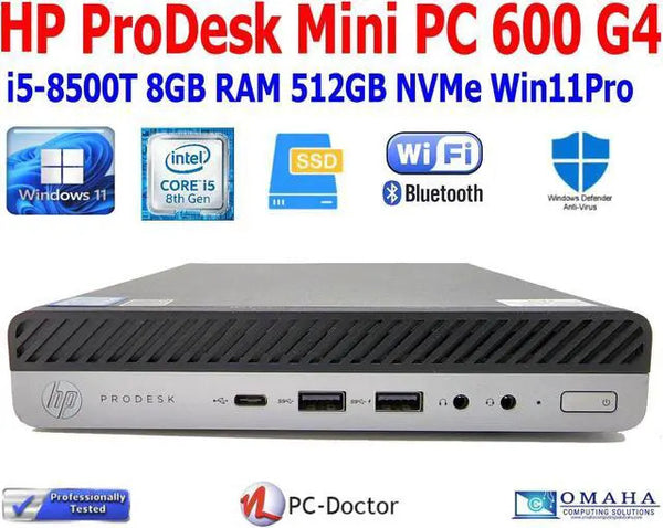 HP PRODESK 600 G4 MINI PC i5-8500T 16GB RAM 512GB NVME W11 Pro PORT