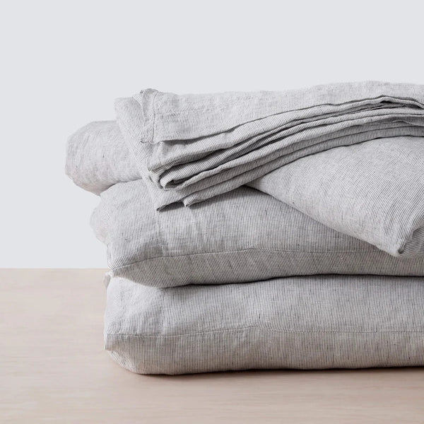 The Citizen Stonewash Linen Sheet Set Queen - Graphite Thin Strip